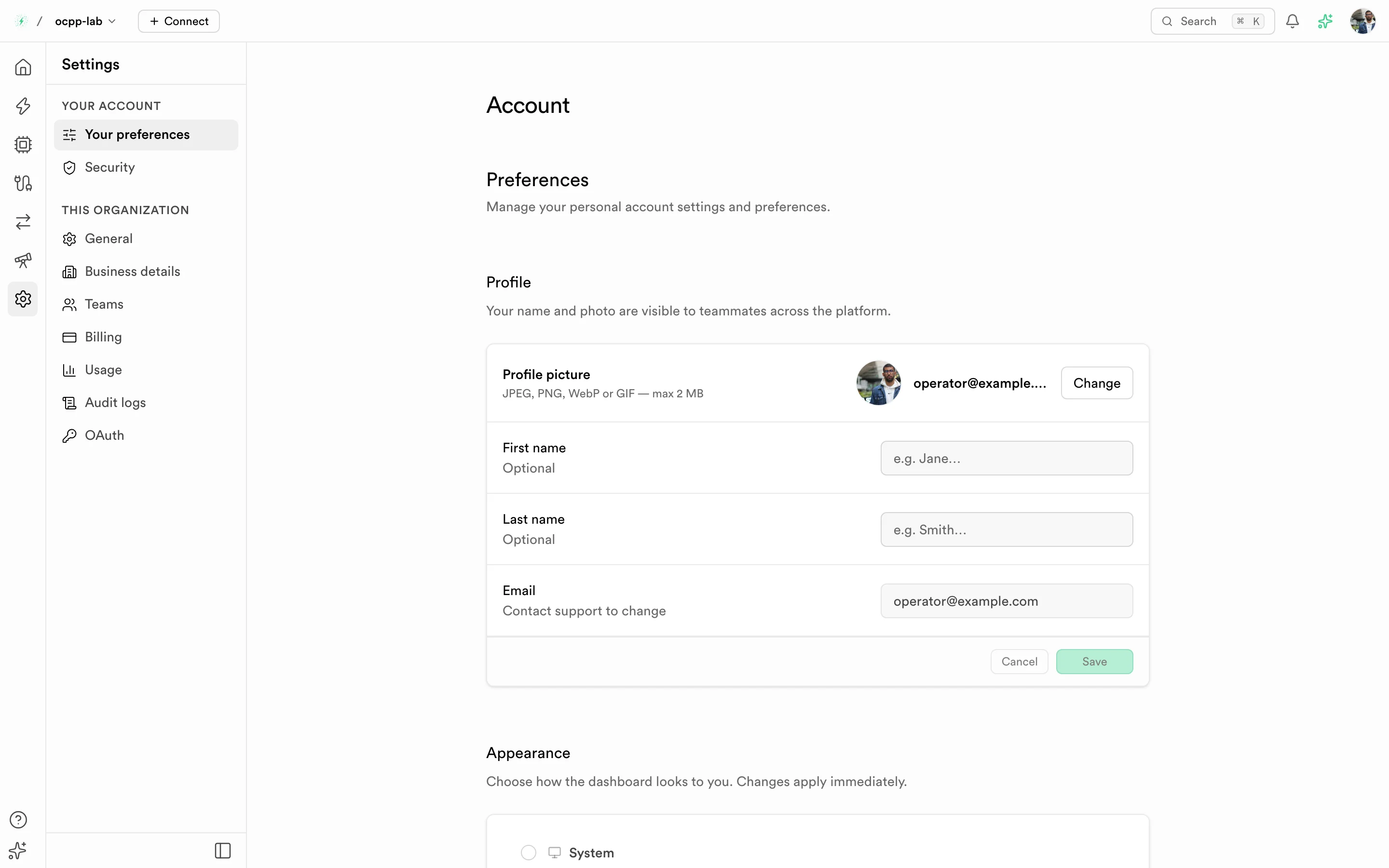 Your preferences with profile picture, name fields, email, and appearance