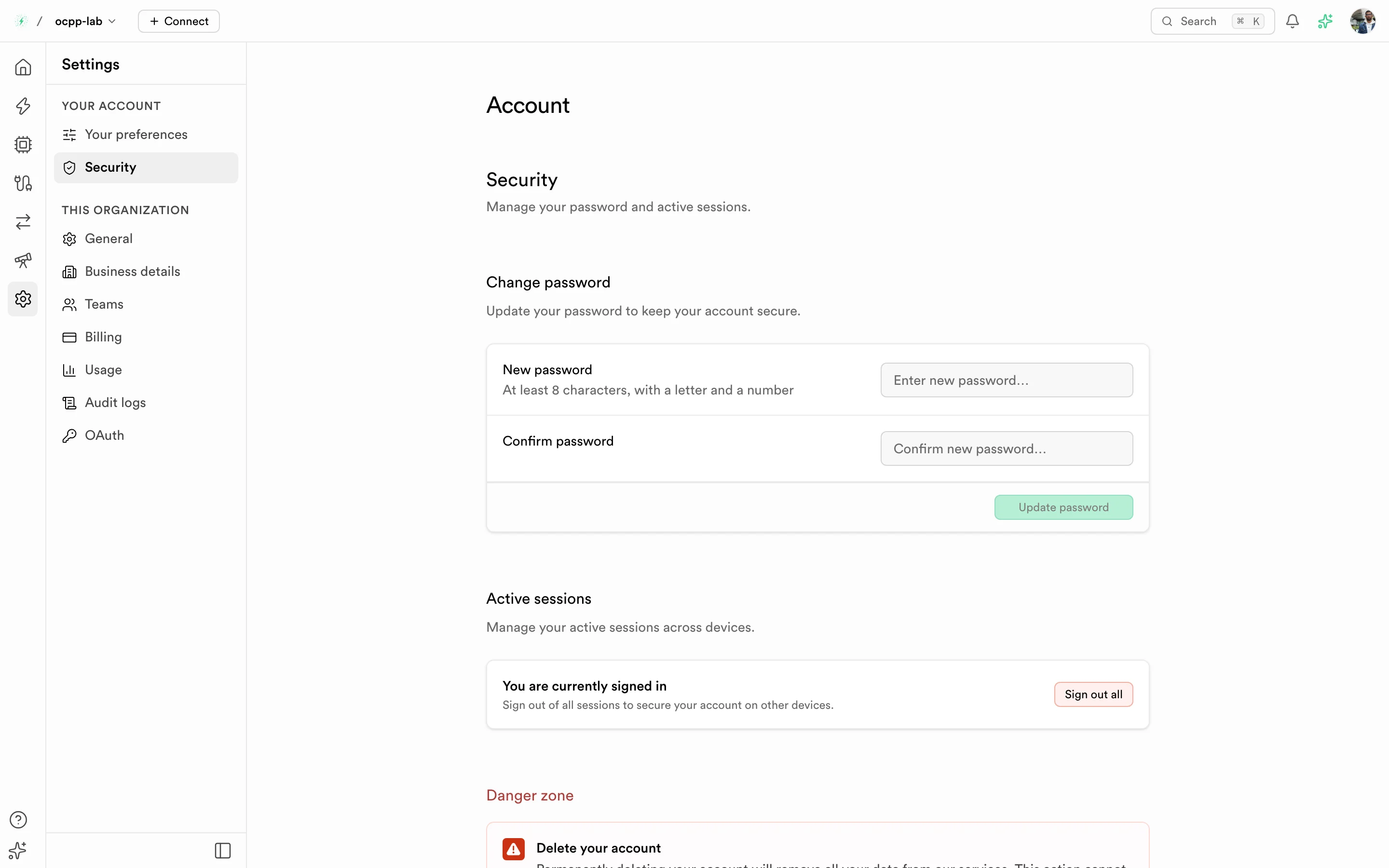 Security page with change password, active sessions, and danger zone