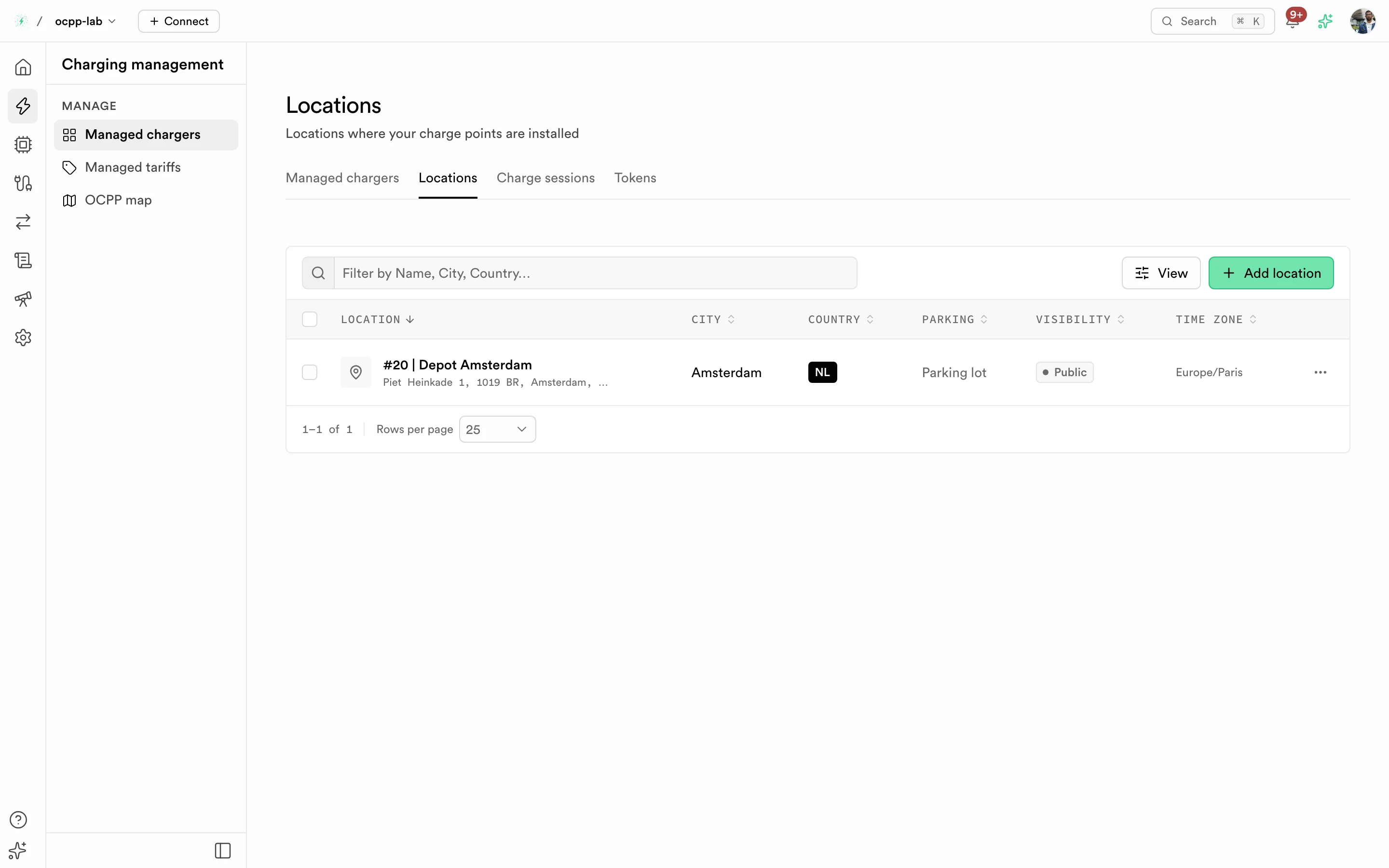 Locations tab with one location in Amsterdam