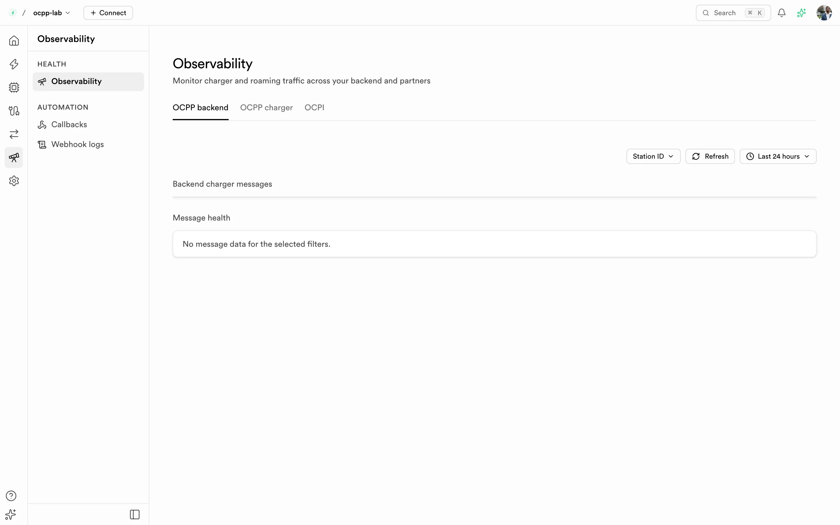 Observability page with OCPP backend, OCPP charger, and OCPI tabs, a station filter, and a time range
