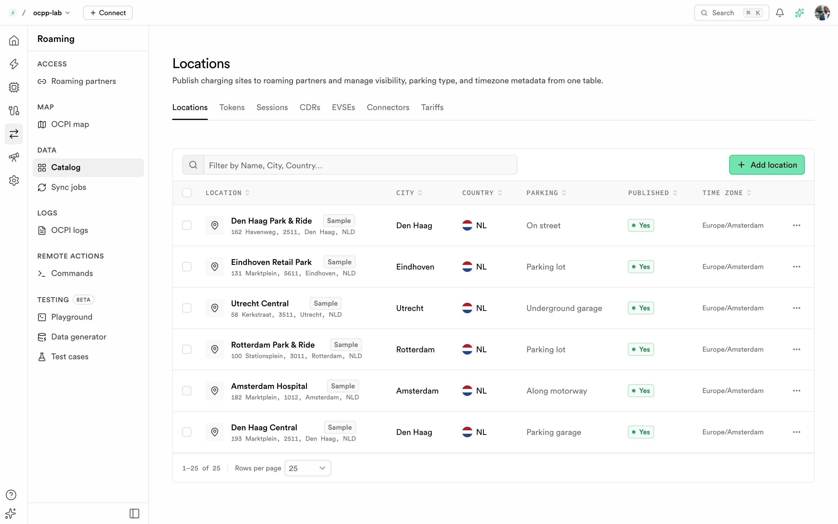 Catalog Locations tab listing sites with city, country, parking, published state, and time zone
