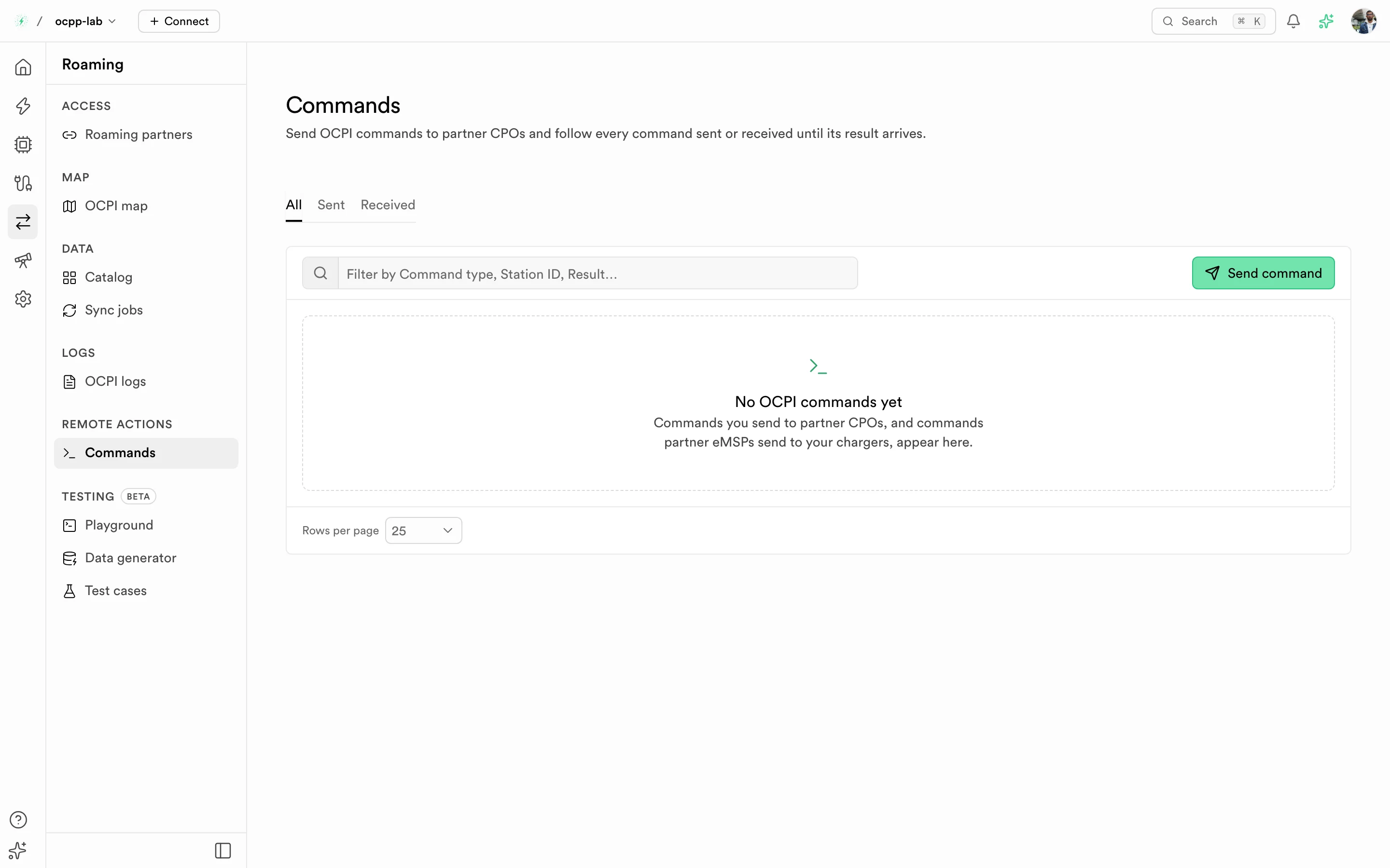 Commands page with total, accepted, failed, and pending counts above the command list