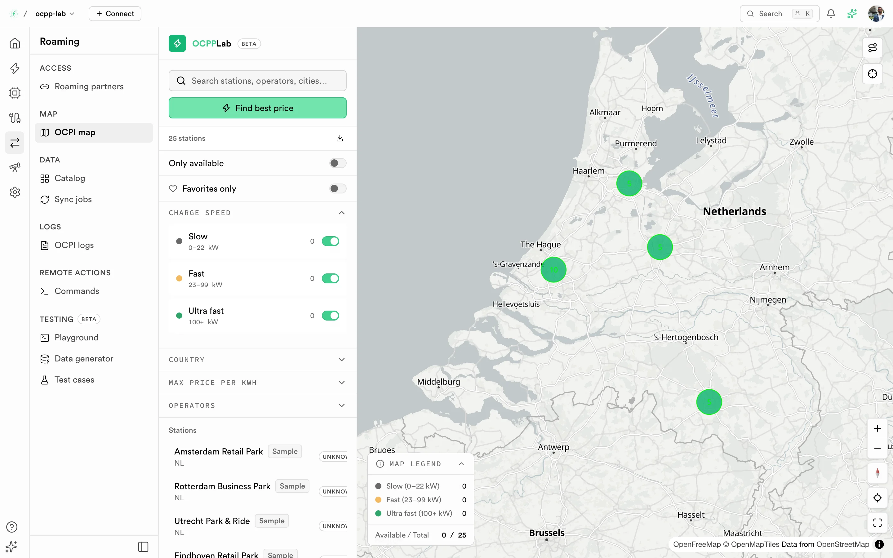 OCPI map with clustered locations, a station list, and filters for availability, charge speed, country, and operators