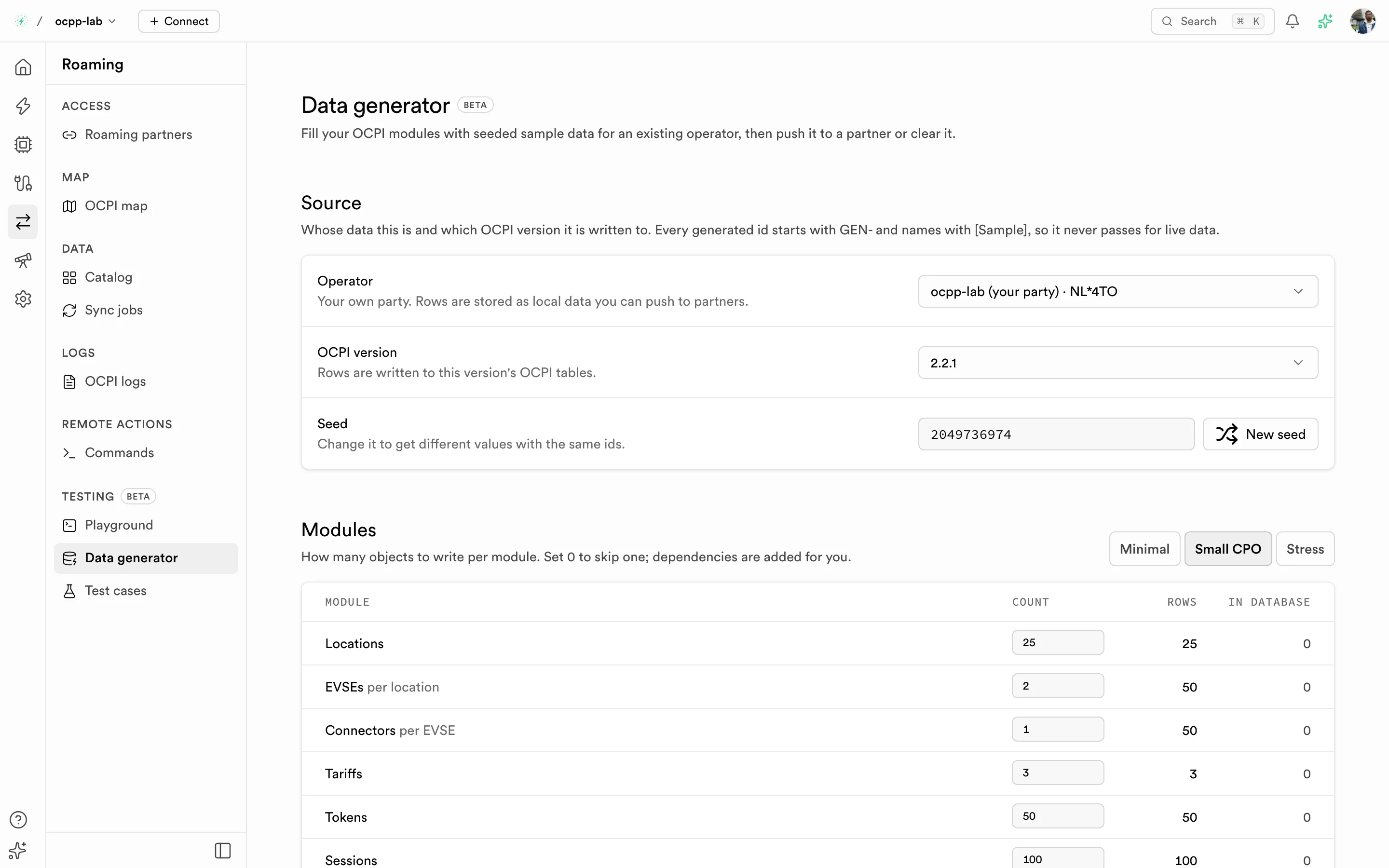 Data generator with operator, OCPI version, seed, and module counts