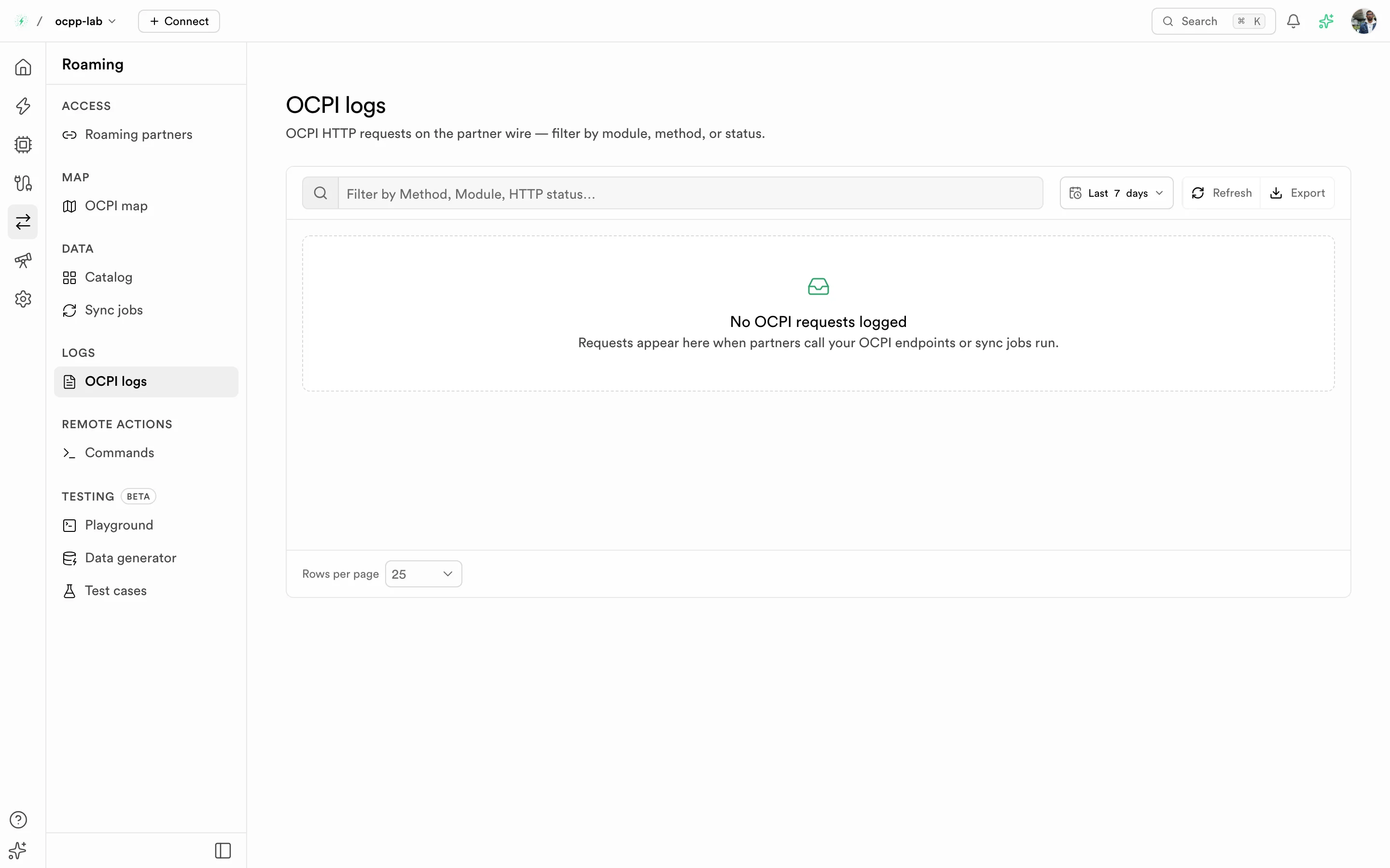 OCPI logs with a status histogram and method, host, path, and latency columns