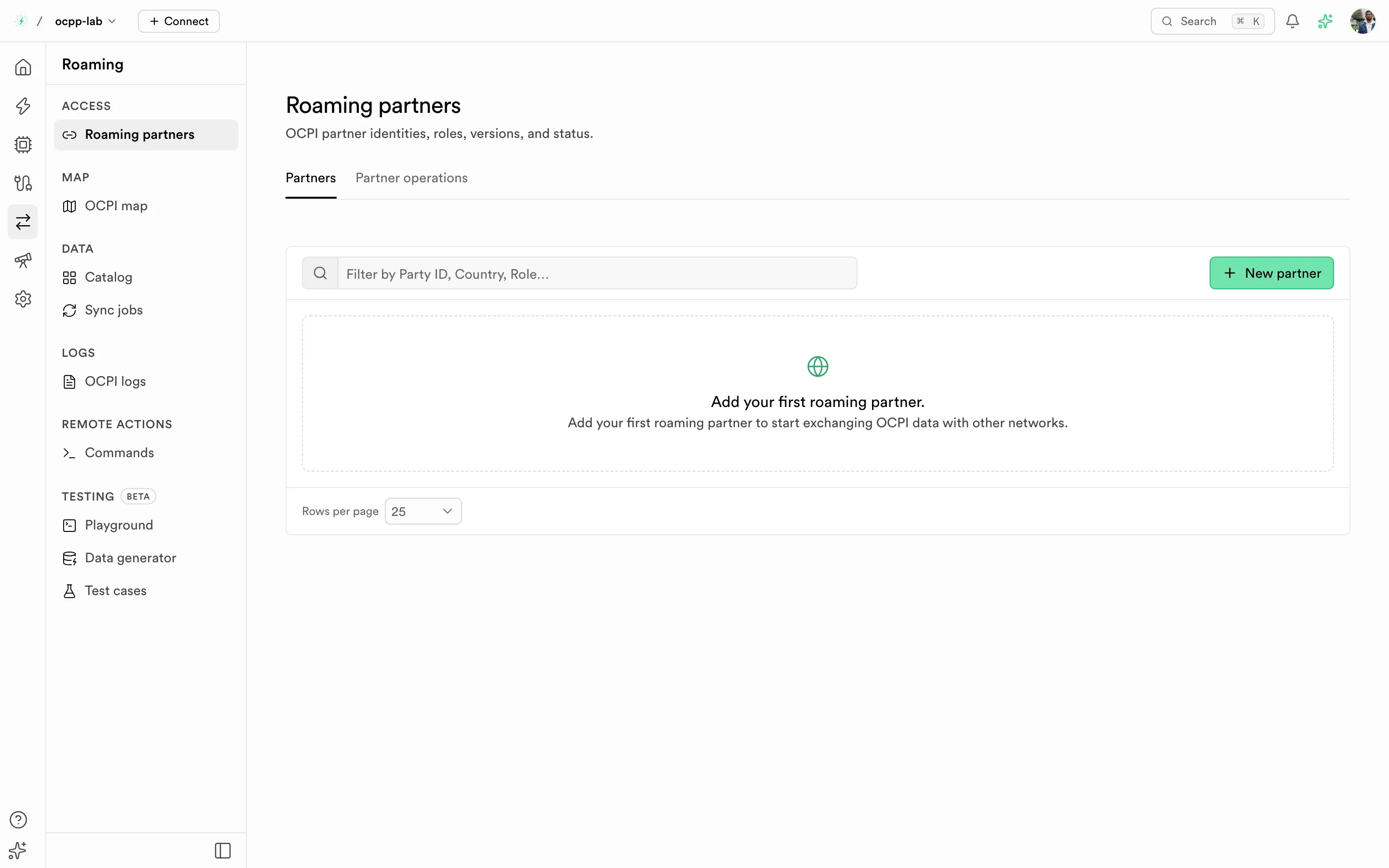 Roaming partners list with party ID, country, role, OCPI version, and status columns