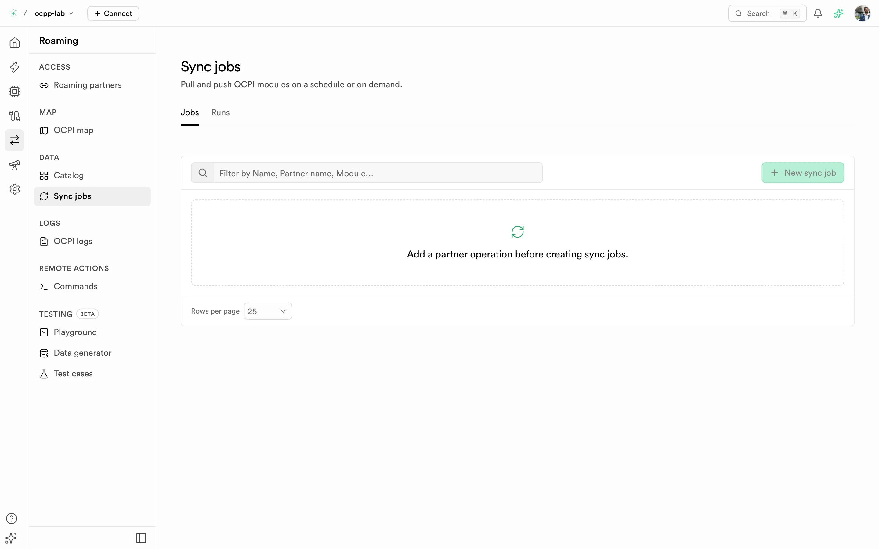 Sync jobs list with partner, module, direction, status, last attempt, records, and schedule columns