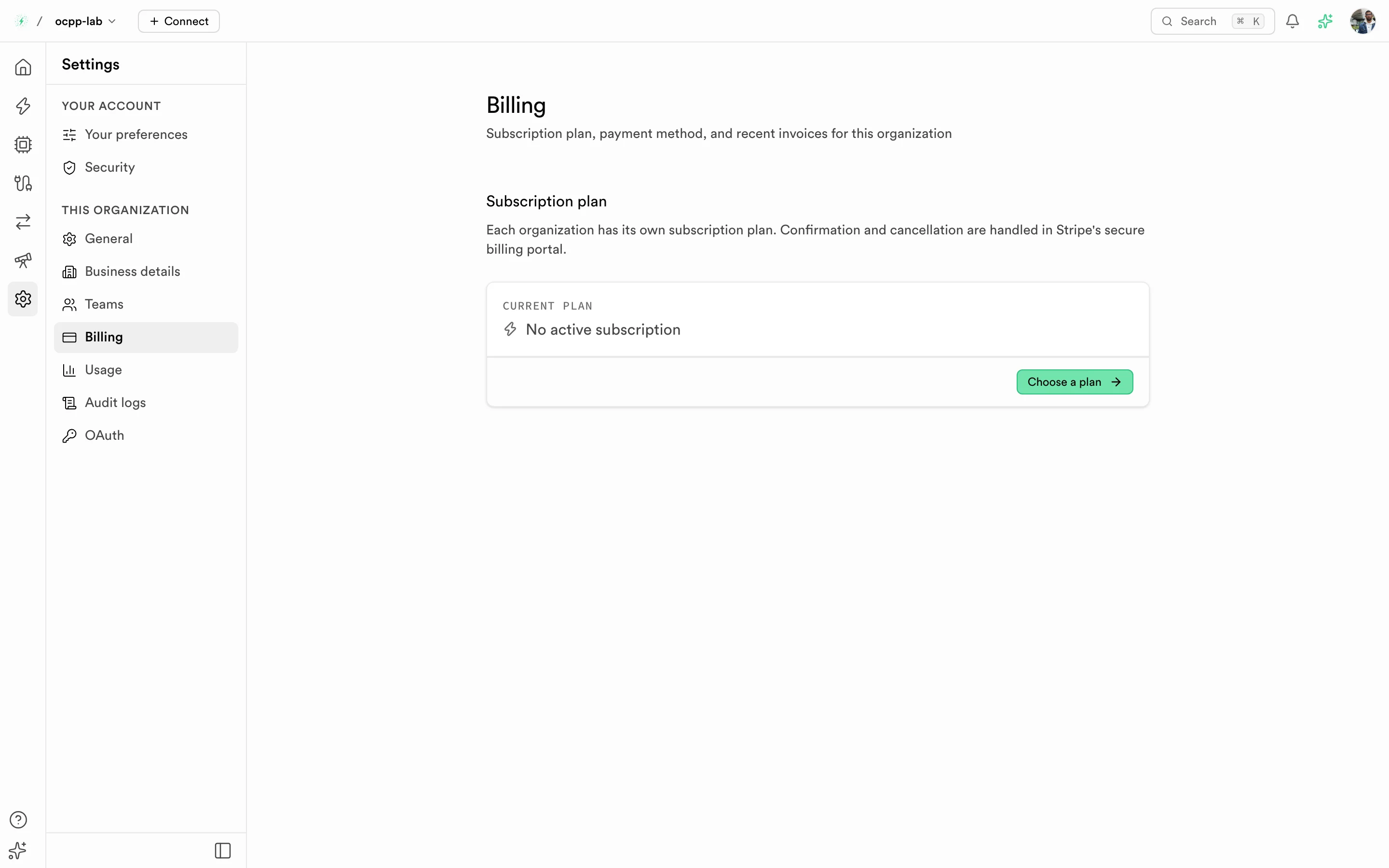 Billing page showing the current plan and a Choose a plan action