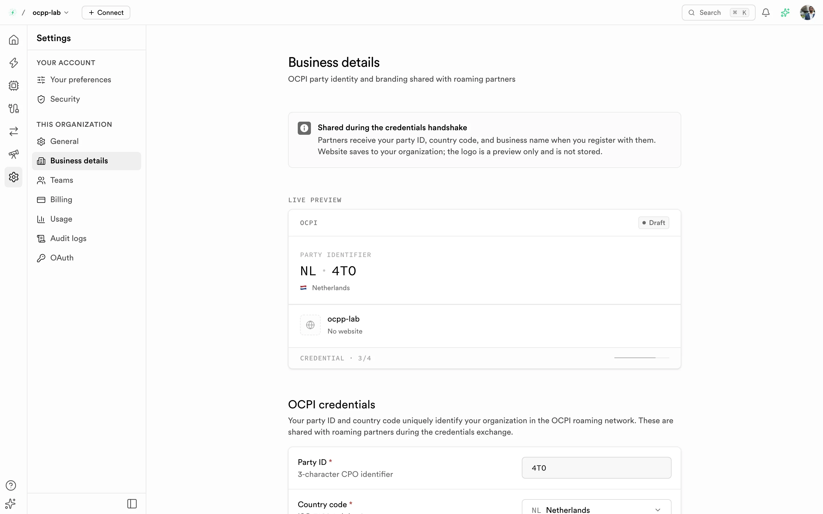 Business details with a live OCPI preview and the party ID and country code form