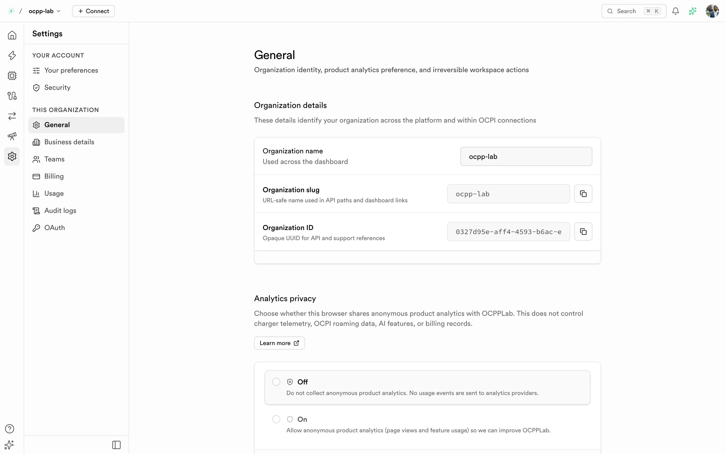 General settings with organization name, slug, organization ID, and analytics privacy