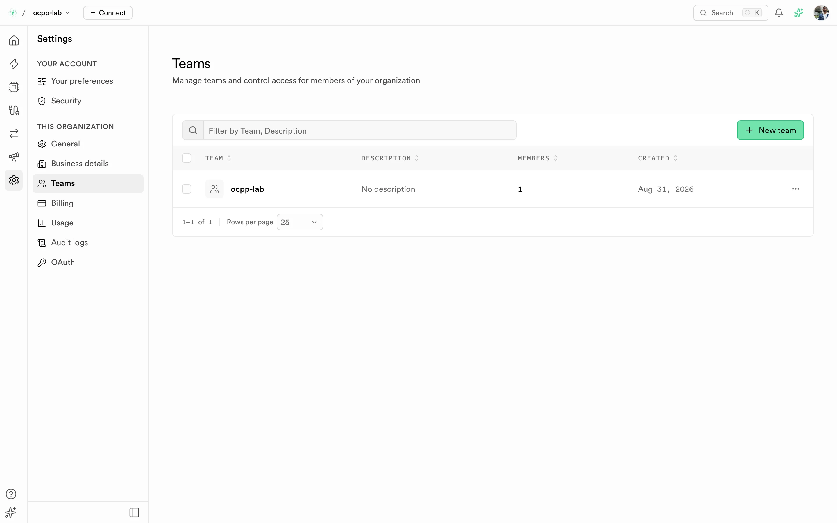 Teams list with team name, description, member count, and created date