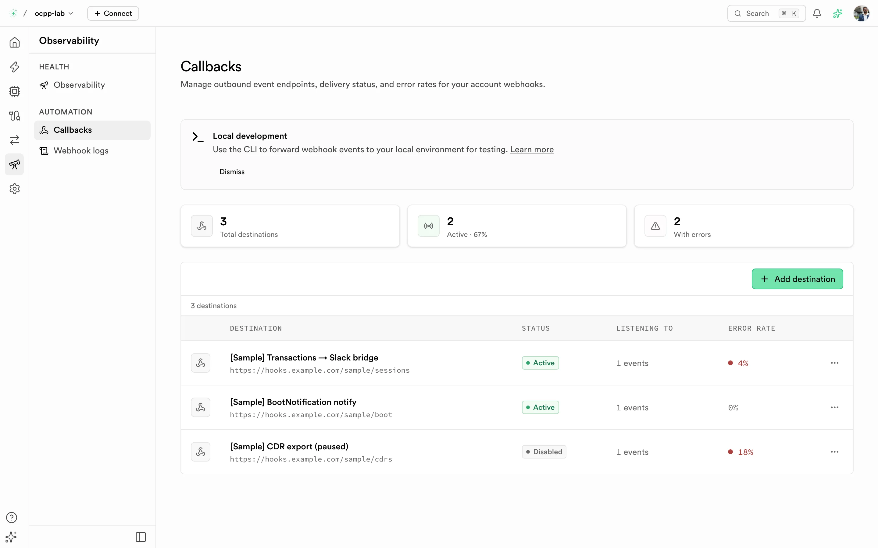 Callbacks page with destination counts and a list of webhook destinations
